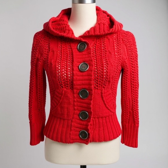 Free People Sweaters - Free‎ People Red Knit Button Front Hooded Cardigan Sweater XS